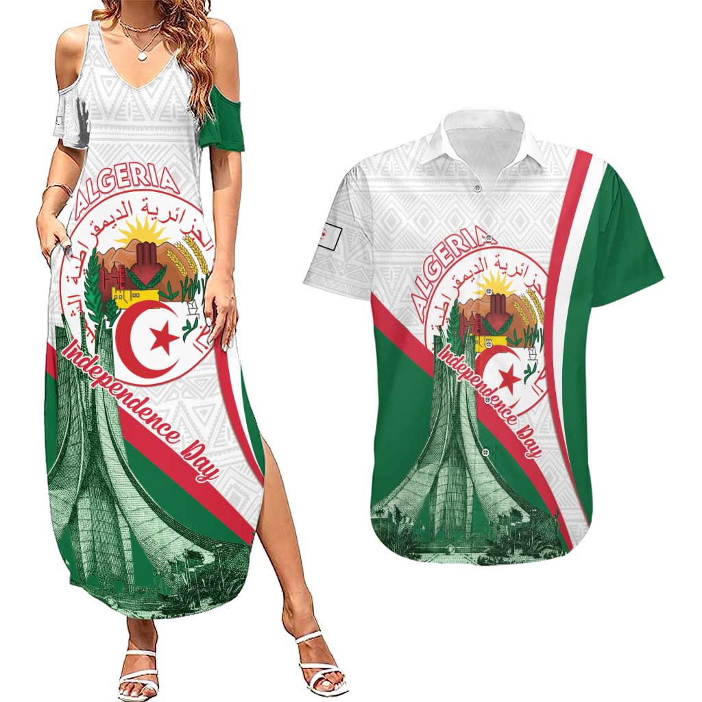 Happy Algeria Independence Day Couples Matching Summer Maxi Dress and Hawaiian Shirt Maqam Echahid Coat Of Arms