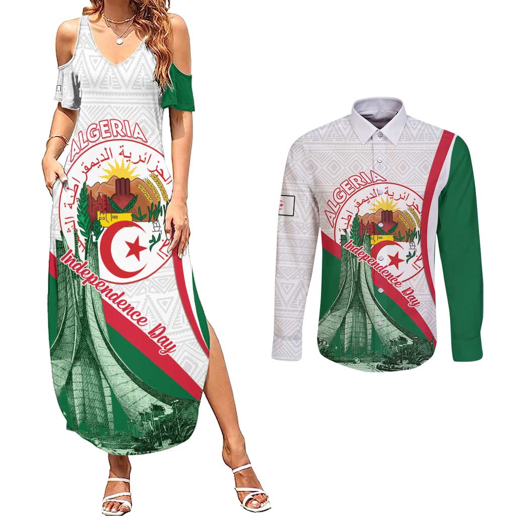 Happy Algeria Independence Day Couples Matching Summer Maxi Dress and Long Sleeve Button Shirt Maqam Echahid Coat Of Arms