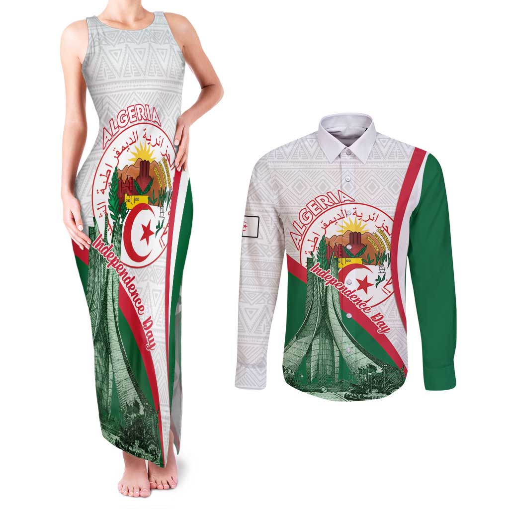 Happy Algeria Independence Day Couples Matching Tank Maxi Dress and Long Sleeve Button Shirt Maqam Echahid Coat Of Arms