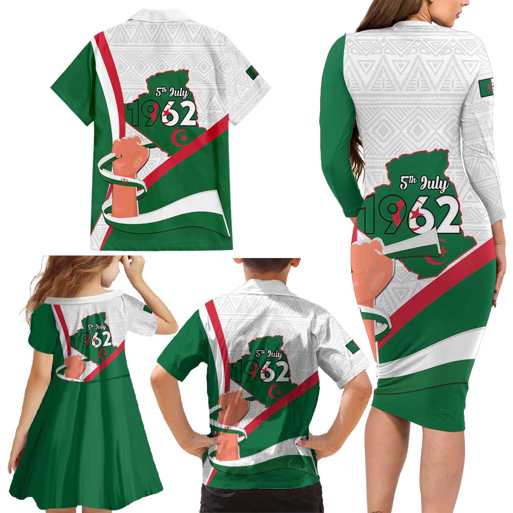 Happy Algeria Independence Day Family Matching Long Sleeve Bodycon Dress and Hawaiian Shirt Maqam Echahid Coat Of Arms