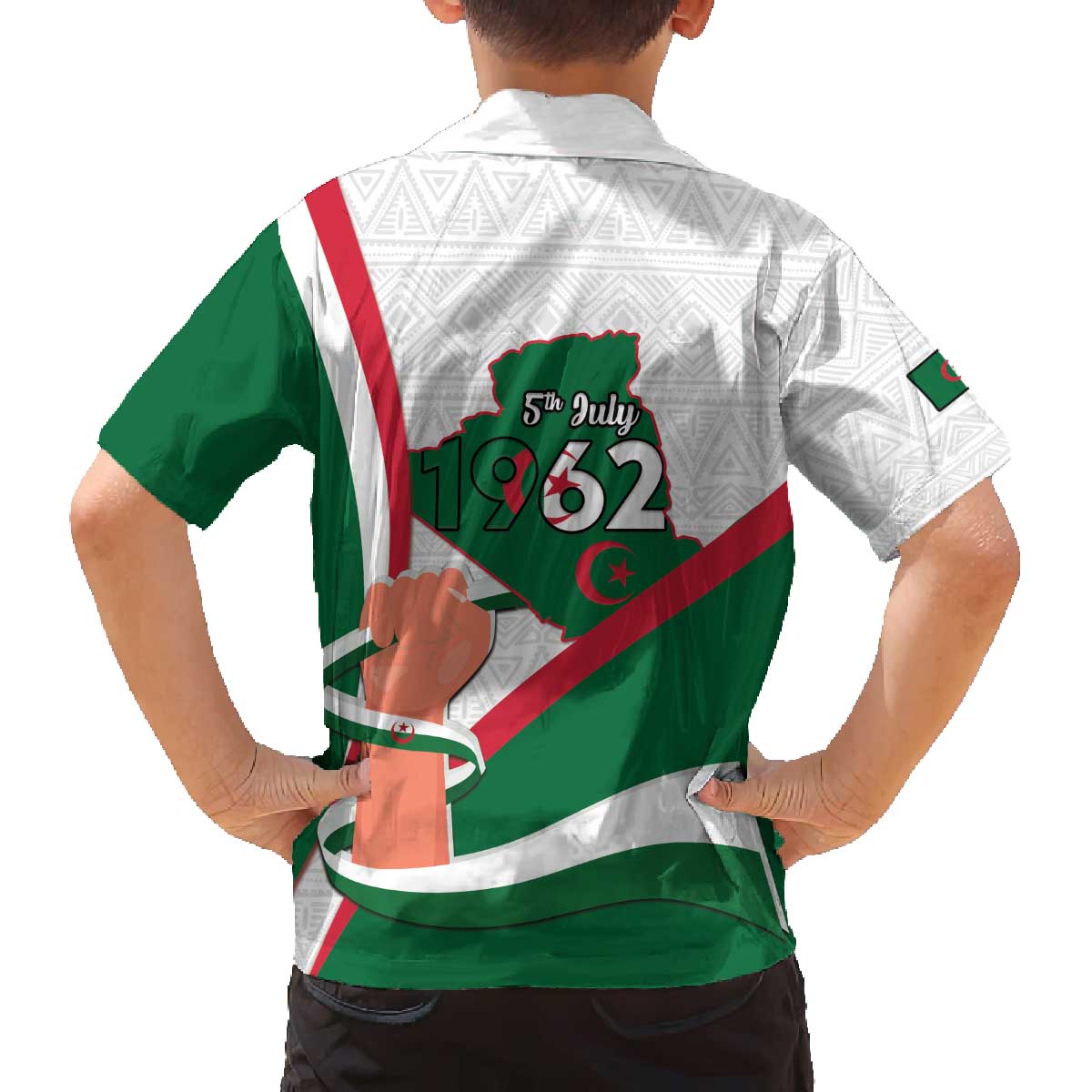 Happy Algeria Independence Day Family Matching Off The Shoulder Long Sleeve Dress and Hawaiian Shirt Maqam Echahid Coat Of Arms