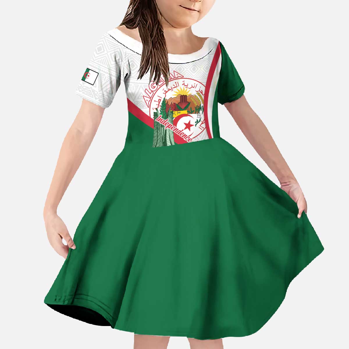Happy Algeria Independence Day Family Matching Off The Shoulder Long Sleeve Dress and Hawaiian Shirt Maqam Echahid Coat Of Arms