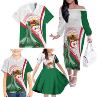Happy Algeria Independence Day Family Matching Off The Shoulder Long Sleeve Dress and Hawaiian Shirt Maqam Echahid Coat Of Arms