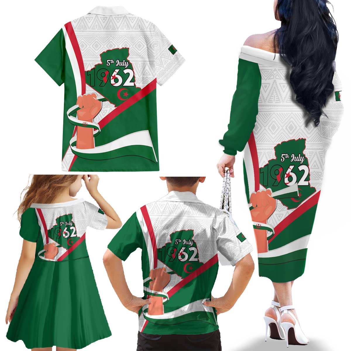 Happy Algeria Independence Day Family Matching Off The Shoulder Long Sleeve Dress and Hawaiian Shirt Maqam Echahid Coat Of Arms
