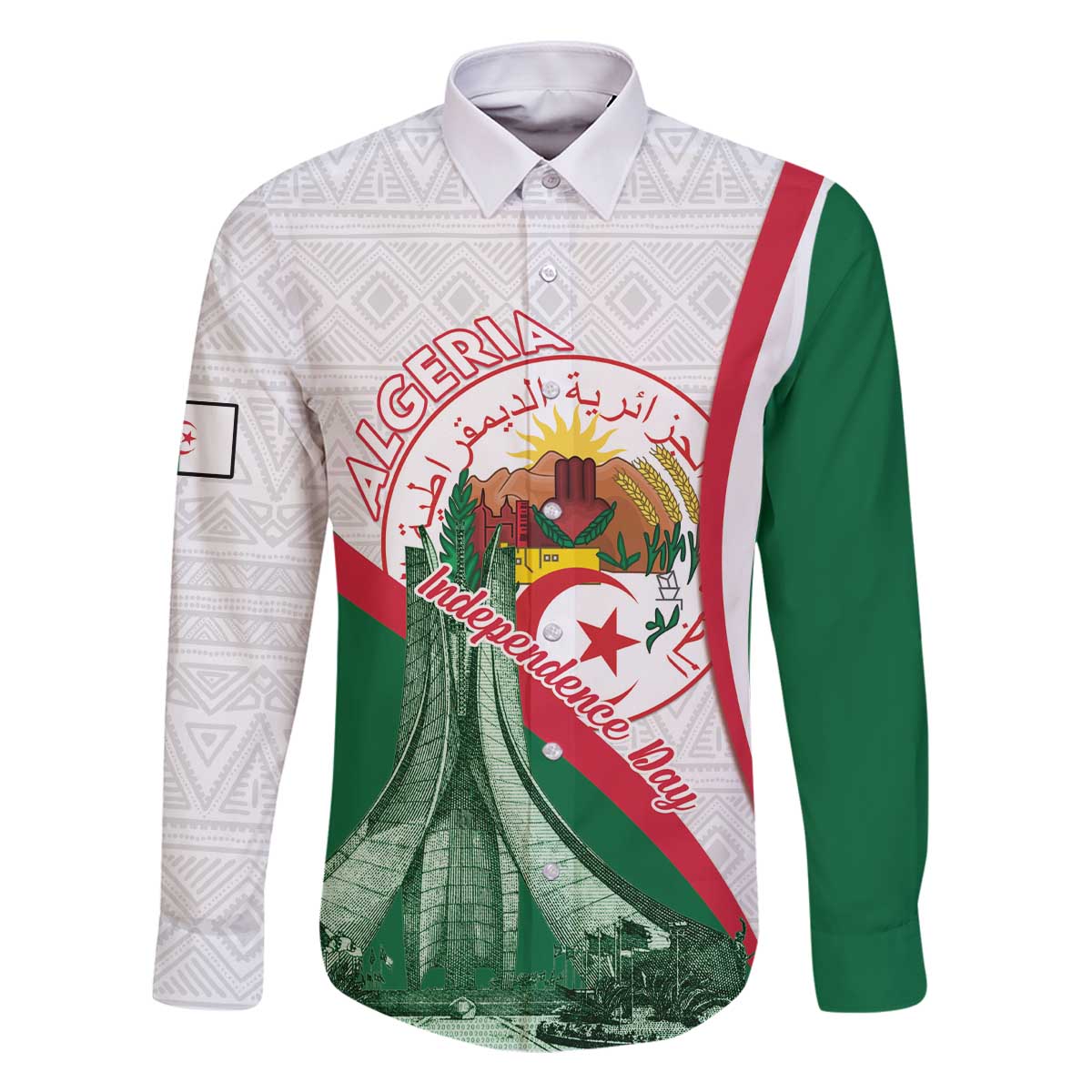 Happy Algeria Independence Day Family Matching Off The Shoulder Long Sleeve Dress and Hawaiian Shirt Maqam Echahid Coat Of Arms
