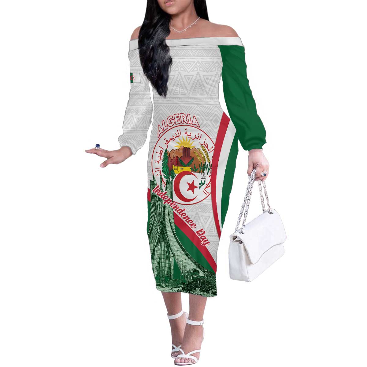 Happy Algeria Independence Day Family Matching Off The Shoulder Long Sleeve Dress and Hawaiian Shirt Maqam Echahid Coat Of Arms