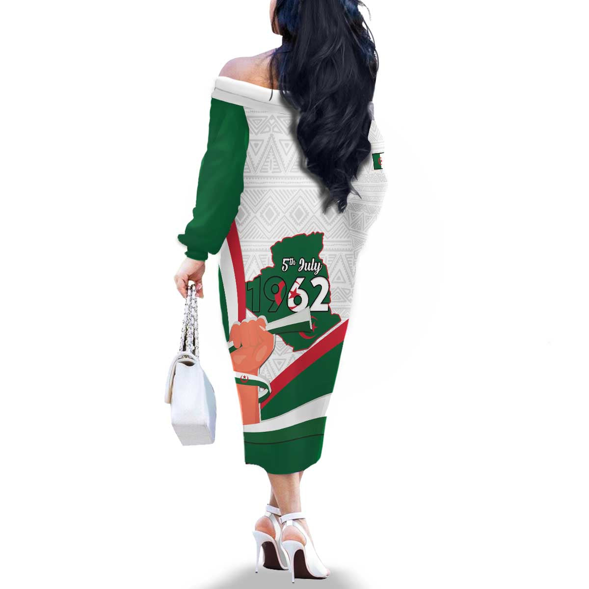 Happy Algeria Independence Day Family Matching Off The Shoulder Long Sleeve Dress and Hawaiian Shirt Maqam Echahid Coat Of Arms