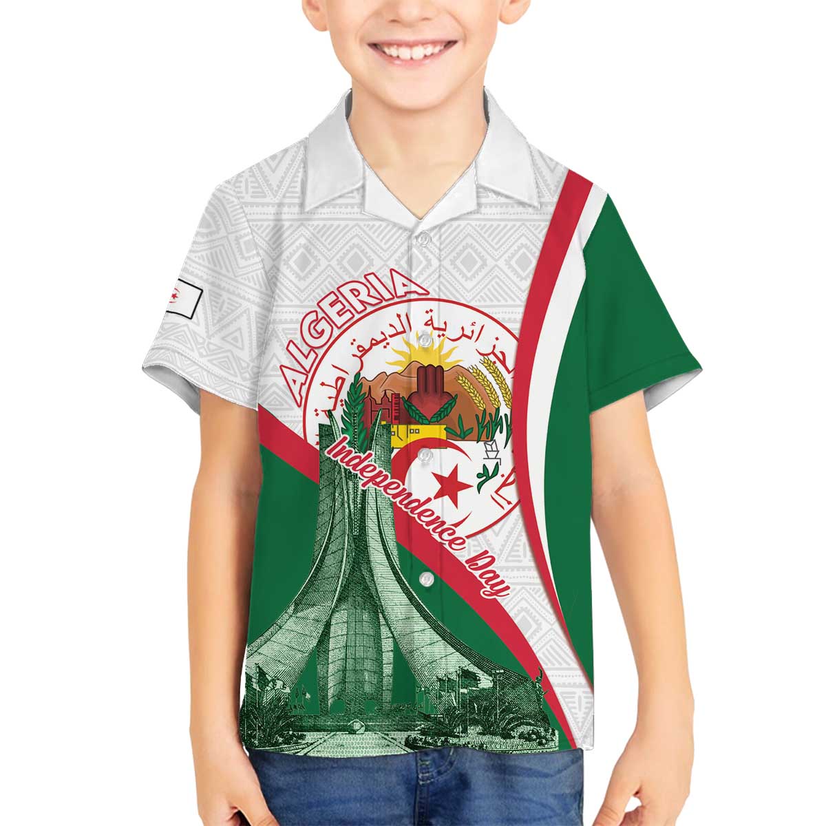 Happy Algeria Independence Day Family Matching Off The Shoulder Long Sleeve Dress and Hawaiian Shirt Maqam Echahid Coat Of Arms