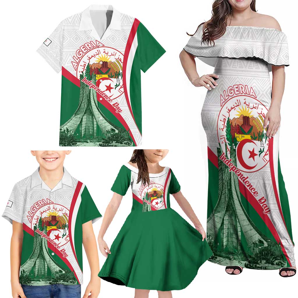Happy Algeria Independence Day Family Matching Off Shoulder Maxi Dress and Hawaiian Shirt Maqam Echahid Coat Of Arms