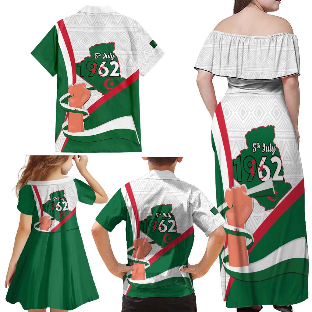 Happy Algeria Independence Day Family Matching Off Shoulder Maxi Dress and Hawaiian Shirt Maqam Echahid Coat Of Arms