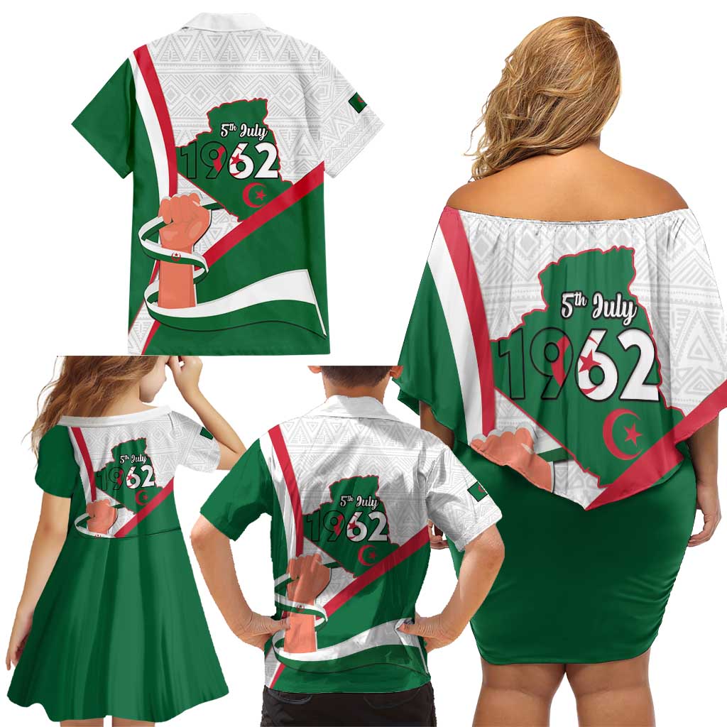 Happy Algeria Independence Day Family Matching Off Shoulder Short Dress and Hawaiian Shirt Maqam Echahid Coat Of Arms