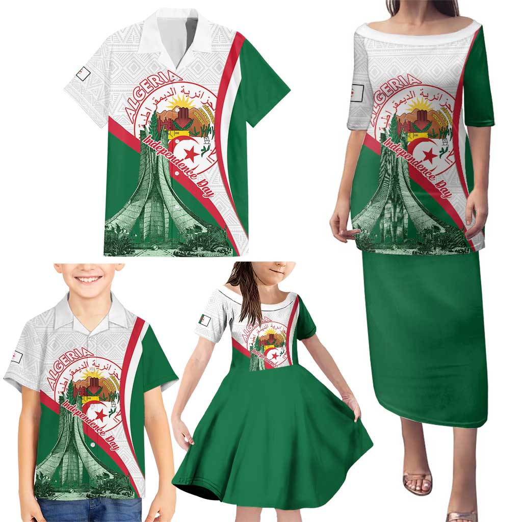Happy Algeria Independence Day Family Matching Puletasi and Hawaiian Shirt Maqam Echahid Coat Of Arms