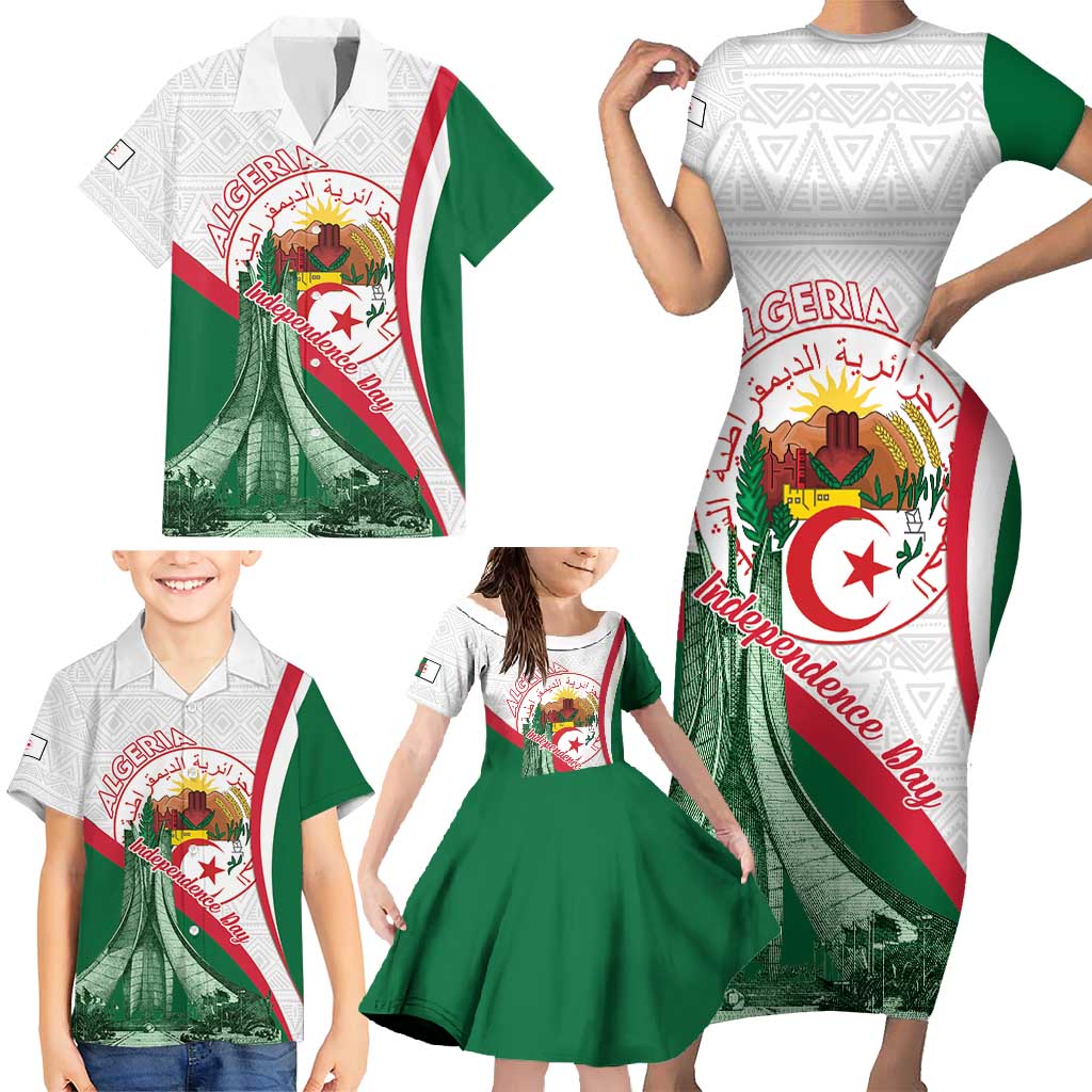 Happy Algeria Independence Day Family Matching Short Sleeve Bodycon Dress and Hawaiian Shirt Maqam Echahid Coat Of Arms