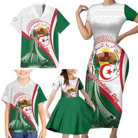Happy Algeria Independence Day Family Matching Short Sleeve Bodycon Dress and Hawaiian Shirt Maqam Echahid Coat Of Arms