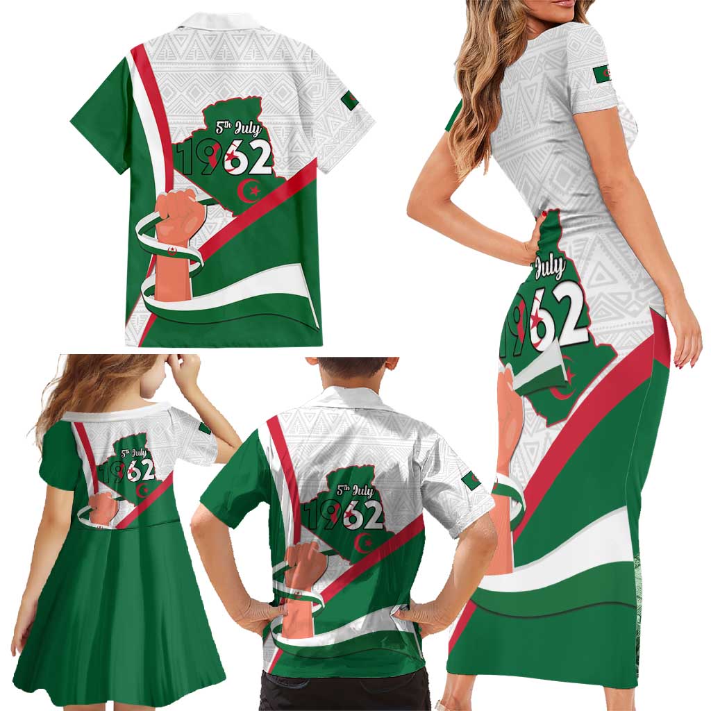 Happy Algeria Independence Day Family Matching Short Sleeve Bodycon Dress and Hawaiian Shirt Maqam Echahid Coat Of Arms