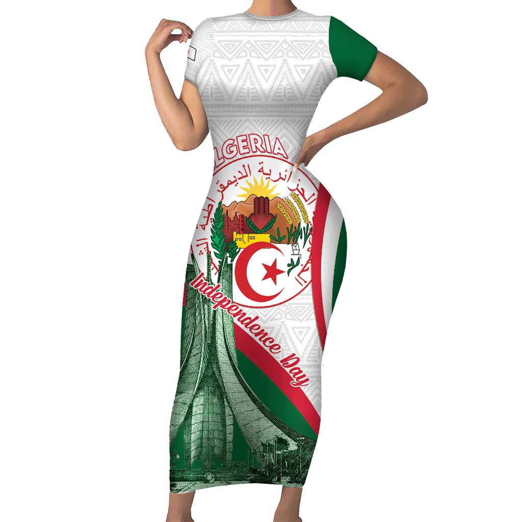 Happy Algeria Independence Day Family Matching Short Sleeve Bodycon Dress and Hawaiian Shirt Maqam Echahid Coat Of Arms