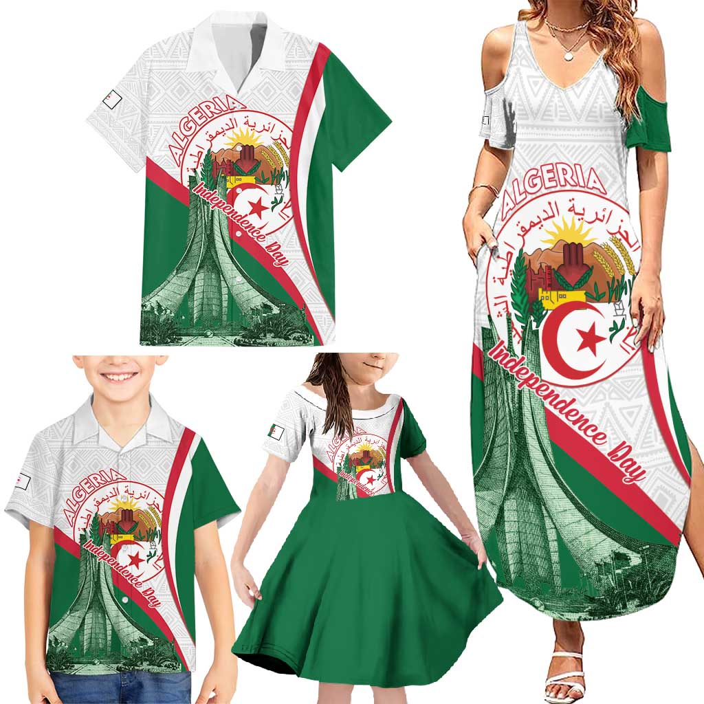 Happy Algeria Independence Day Family Matching Summer Maxi Dress and Hawaiian Shirt Maqam Echahid Coat Of Arms