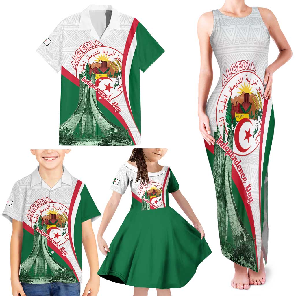 Happy Algeria Independence Day Family Matching Tank Maxi Dress and Hawaiian Shirt Maqam Echahid Coat Of Arms