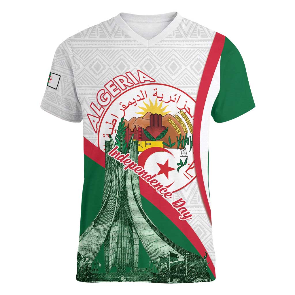 Happy Algeria Independence Day Women V-Neck T-Shirt Maqam Echahid Coat Of Arms