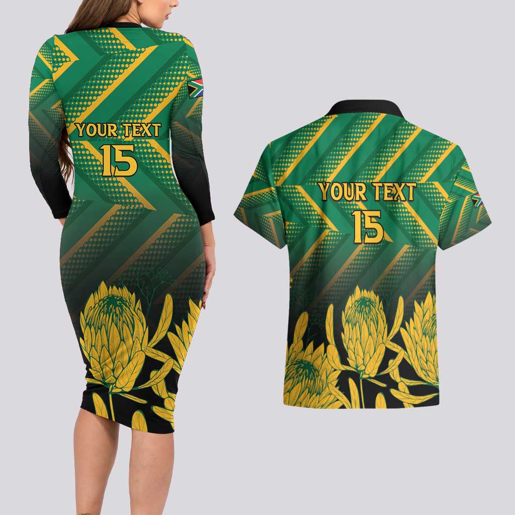 South Africa Rugby Custom Couples Matching Long Sleeve Bodycon Dress and Hawaiian Shirt Forever Green Forever Gold