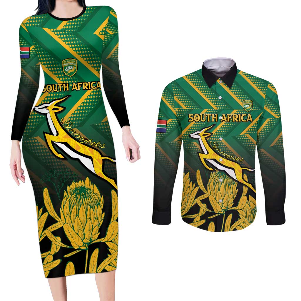 South Africa Rugby Custom Couples Matching Long Sleeve Bodycon Dress and Long Sleeve Button Shirt Forever Green Forever Gold