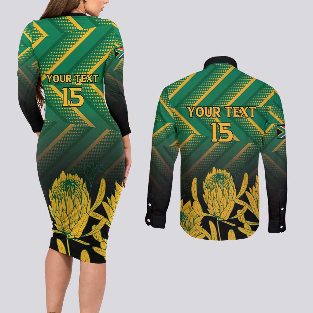 South Africa Rugby Custom Couples Matching Long Sleeve Bodycon Dress and Long Sleeve Button Shirt Forever Green Forever Gold
