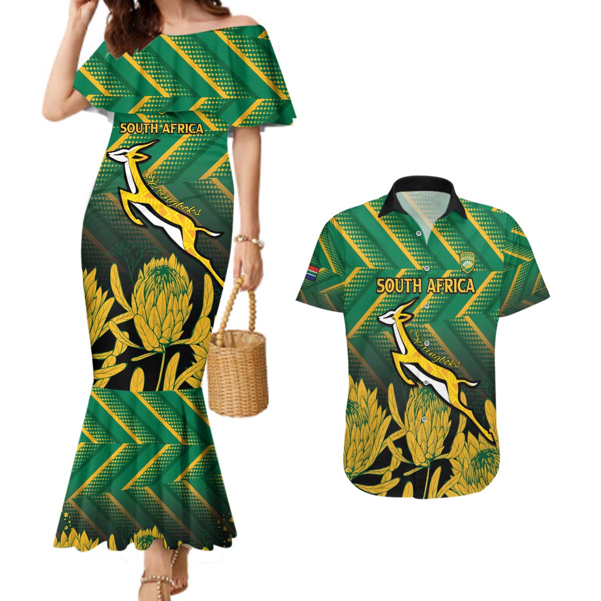 South Africa Rugby Custom Couples Matching Mermaid Dress and Hawaiian Shirt Forever Green Forever Gold