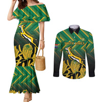 South Africa Rugby Custom Couples Matching Mermaid Dress and Long Sleeve Button Shirt Forever Green Forever Gold