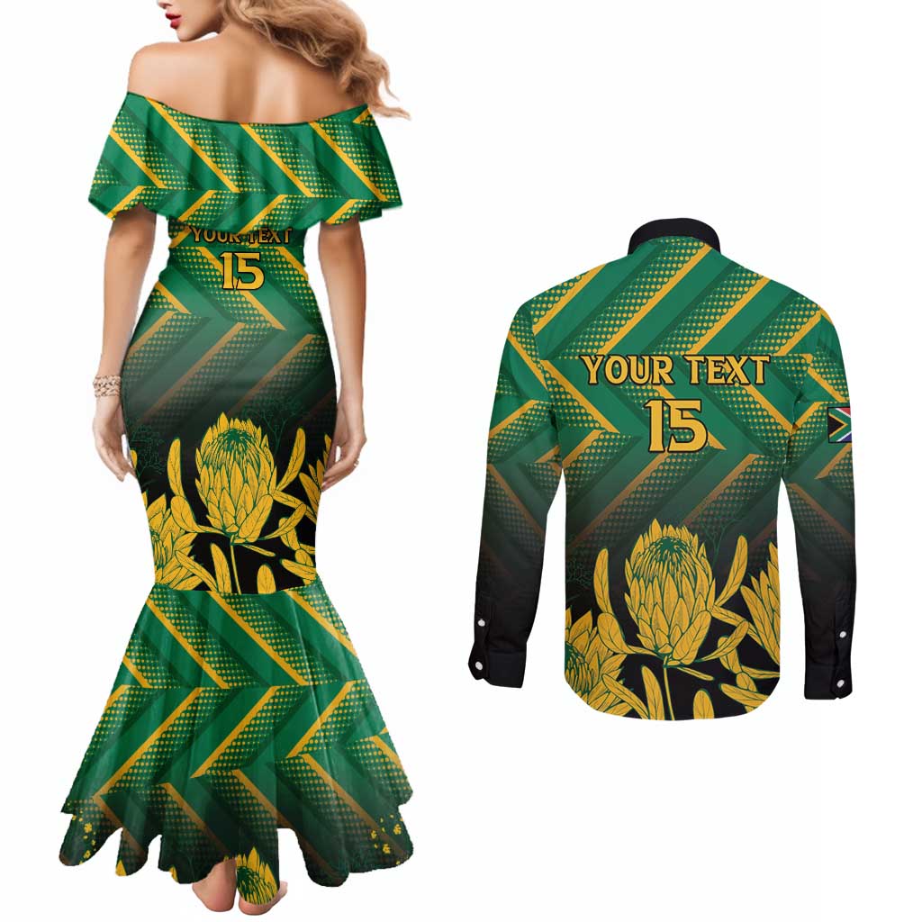 South Africa Rugby Custom Couples Matching Mermaid Dress and Long Sleeve Button Shirt Forever Green Forever Gold