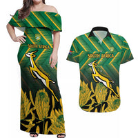 South Africa Rugby Custom Couples Matching Off Shoulder Maxi Dress and Hawaiian Shirt Forever Green Forever Gold