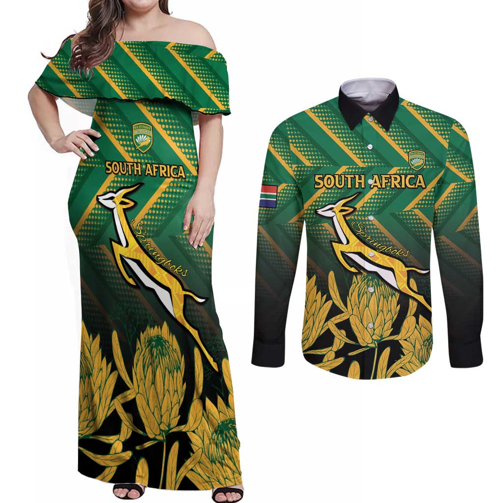 South Africa Rugby Custom Couples Matching Off Shoulder Maxi Dress and Long Sleeve Button Shirt Forever Green Forever Gold
