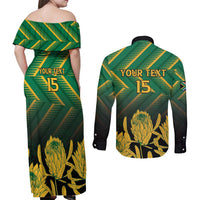 South Africa Rugby Custom Couples Matching Off Shoulder Maxi Dress and Long Sleeve Button Shirt Forever Green Forever Gold
