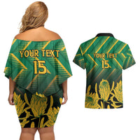 South Africa Rugby Custom Couples Matching Off Shoulder Short Dress and Hawaiian Shirt Forever Green Forever Gold