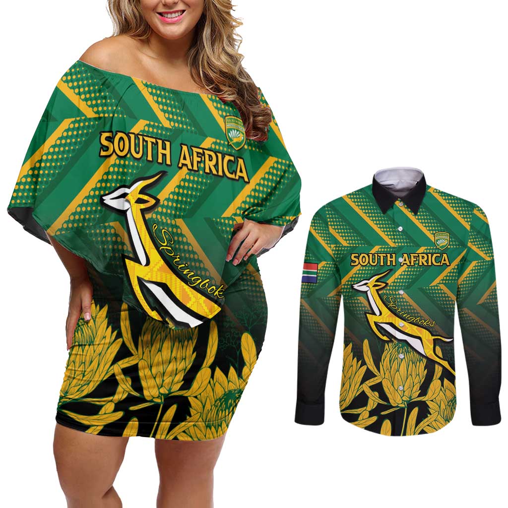South Africa Rugby Custom Couples Matching Off Shoulder Short Dress and Long Sleeve Button Shirt Forever Green Forever Gold