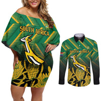 South Africa Rugby Custom Couples Matching Off Shoulder Short Dress and Long Sleeve Button Shirt Forever Green Forever Gold