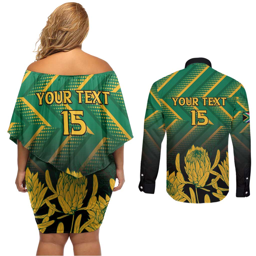 South Africa Rugby Custom Couples Matching Off Shoulder Short Dress and Long Sleeve Button Shirt Forever Green Forever Gold