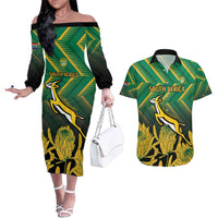 South Africa Rugby Custom Couples Matching Off The Shoulder Long Sleeve Dress and Hawaiian Shirt Forever Green Forever Gold