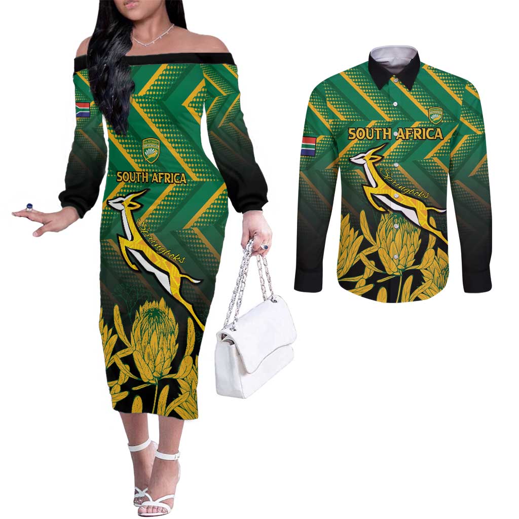 South Africa Rugby Custom Couples Matching Off The Shoulder Long Sleeve Dress and Long Sleeve Button Shirt Forever Green Forever Gold