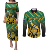 South Africa Rugby Custom Couples Matching Puletasi and Long Sleeve Button Shirt Forever Green Forever Gold