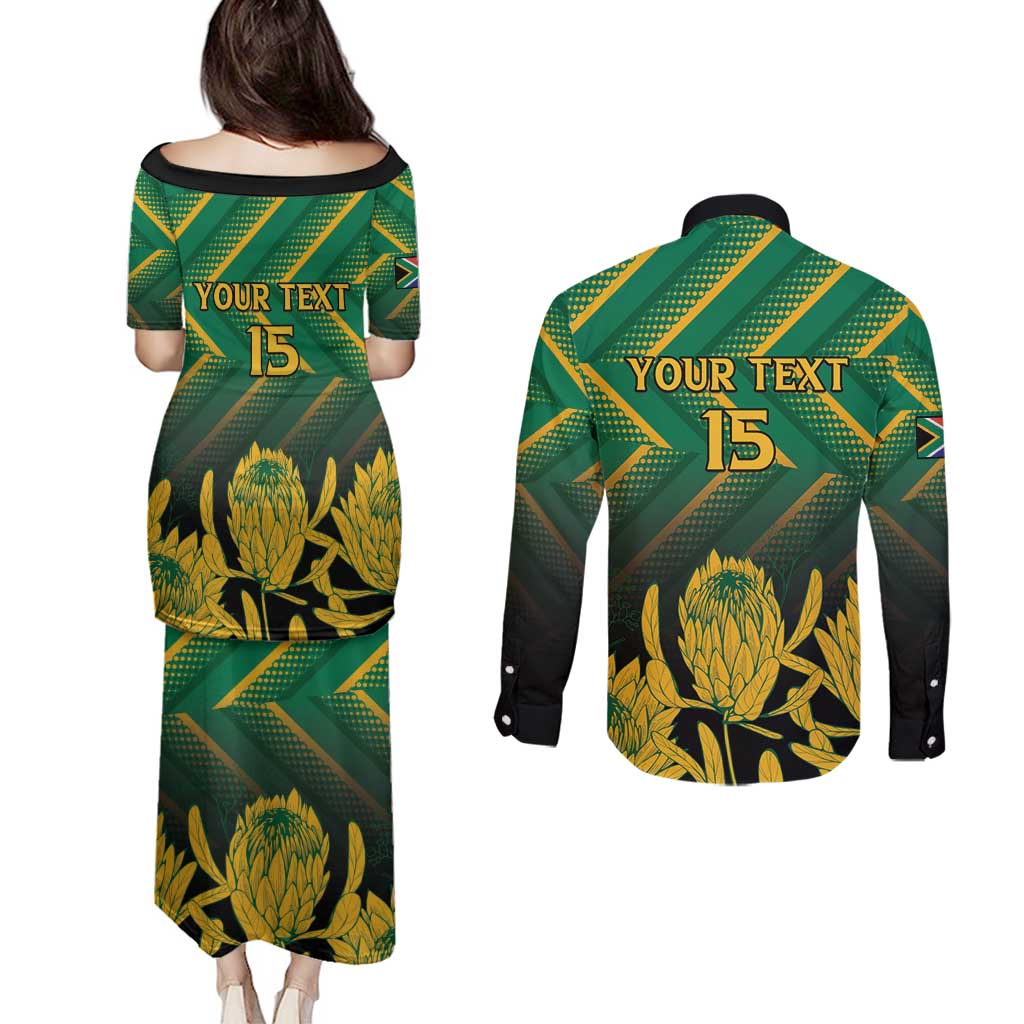 South Africa Rugby Custom Couples Matching Puletasi and Long Sleeve Button Shirt Forever Green Forever Gold