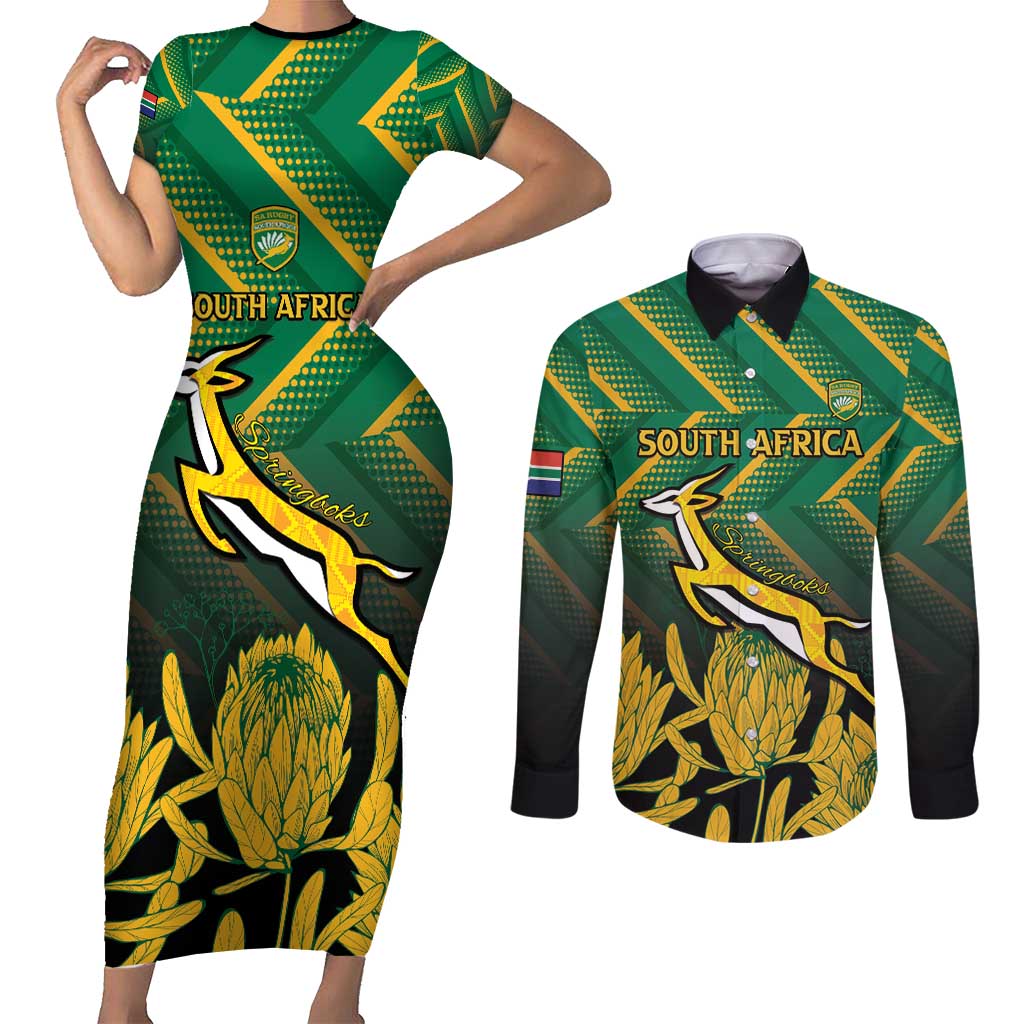 South Africa Rugby Custom Couples Matching Short Sleeve Bodycon Dress and Long Sleeve Button Shirt Forever Green Forever Gold