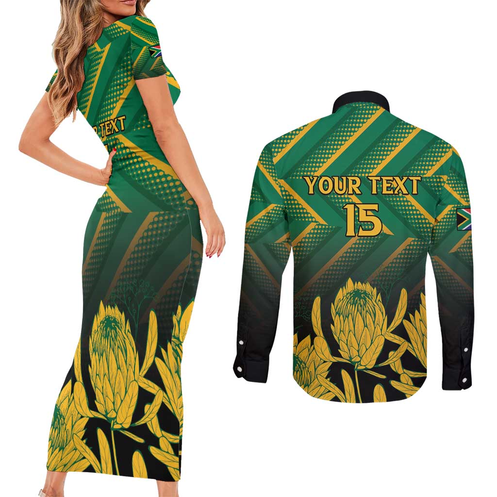 South Africa Rugby Custom Couples Matching Short Sleeve Bodycon Dress and Long Sleeve Button Shirt Forever Green Forever Gold