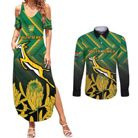 South Africa Rugby Custom Couples Matching Summer Maxi Dress and Long Sleeve Button Shirt Forever Green Forever Gold