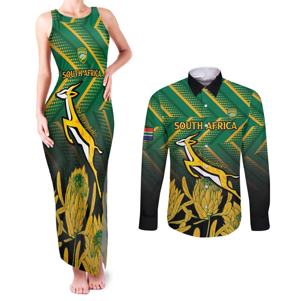 South Africa Rugby Custom Couples Matching Tank Maxi Dress and Long Sleeve Button Shirt Forever Green Forever Gold