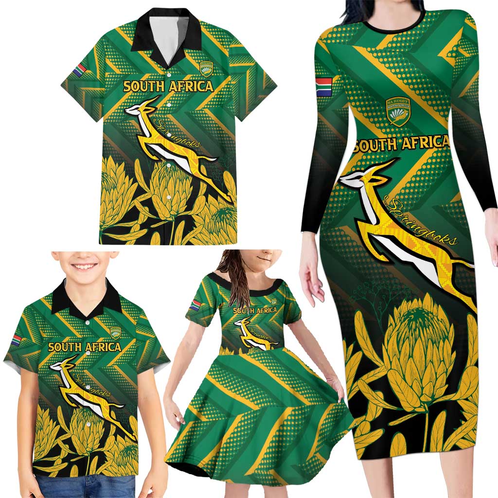 South Africa Rugby Custom Family Matching Long Sleeve Bodycon Dress and Hawaiian Shirt Forever Green Forever Gold
