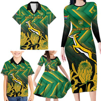 South Africa Rugby Custom Family Matching Long Sleeve Bodycon Dress and Hawaiian Shirt Forever Green Forever Gold