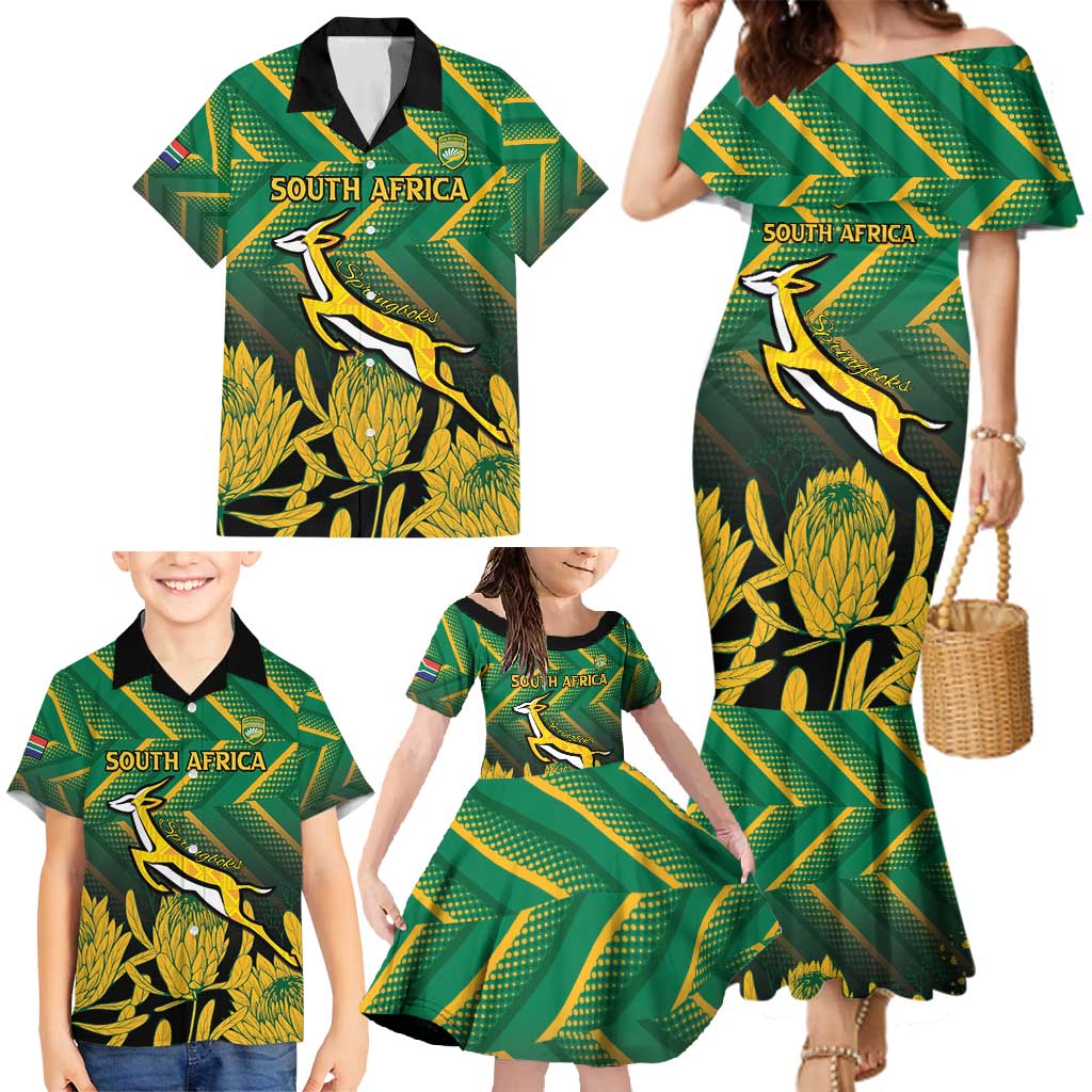 South Africa Rugby Custom Family Matching Mermaid Dress and Hawaiian Shirt Forever Green Forever Gold