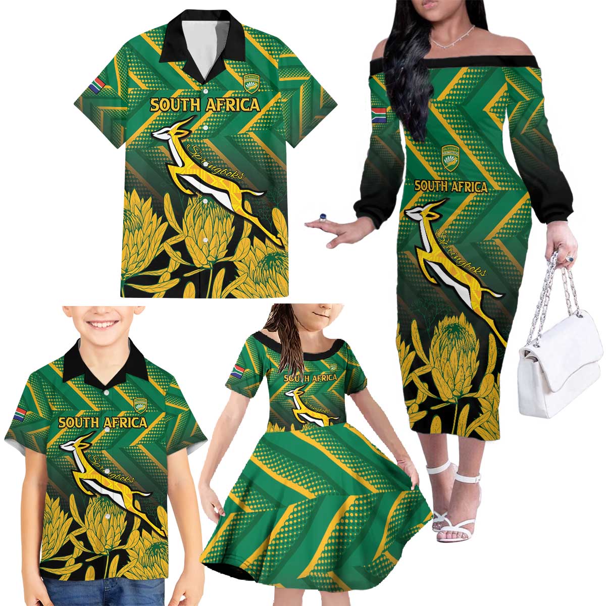South Africa Rugby Custom Family Matching Off The Shoulder Long Sleeve Dress and Hawaiian Shirt Forever Green Forever Gold