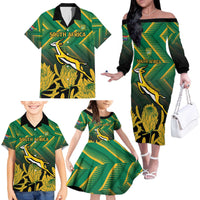 South Africa Rugby Custom Family Matching Off The Shoulder Long Sleeve Dress and Hawaiian Shirt Forever Green Forever Gold