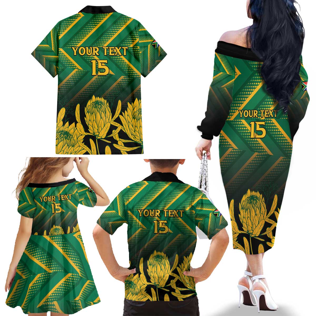 South Africa Rugby Custom Family Matching Off The Shoulder Long Sleeve Dress and Hawaiian Shirt Forever Green Forever Gold